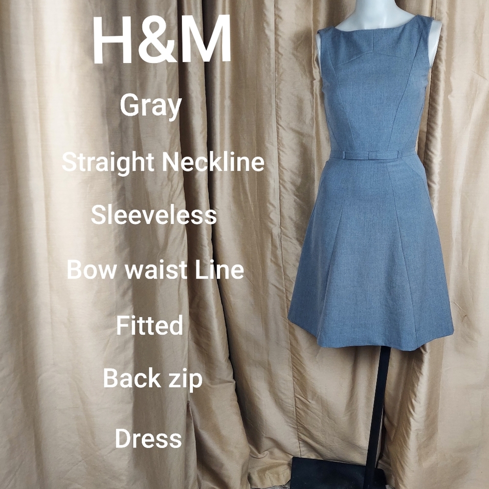H&M gray fitted waist bow back zip dress size 2